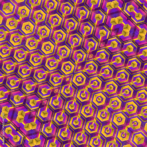 Obraz Energetic pattern of cubic shapes with symmetry. The contrast of yellow, purple and pink creates a hypnotic effect. 3d rendering digital illustration