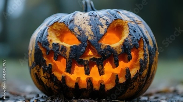 Fototapeta Intricate carved pumpkin face with glowing interior.