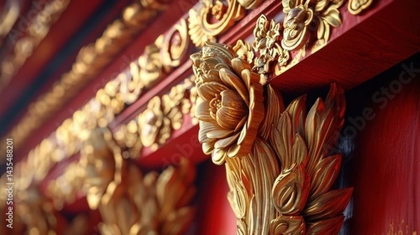 Fototapeta Ornate golden carvings on a vibrant red temple structure.
