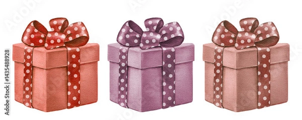 Fototapeta Set of color gift boxes tied with polka dot ribbon and bow. Vintage hand drawn watercolor illustrations.