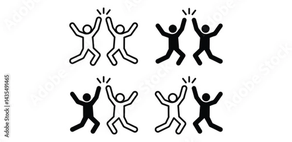 Fototapeta Set of Jumping Figures High Fiving Celebrating Success Icon Black and White Color Vector Design
