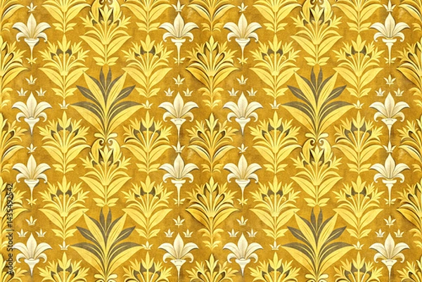 Fototapeta Luxury vintage gold damask seamless wallpaper pattern, classic elegant ornament with lily flowers and decorative leaves