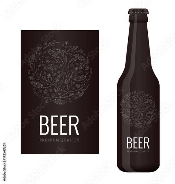 Obraz Vector beer label with chalk floral ornament of hops and malt