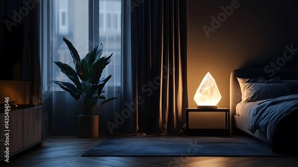 Fototapeta Viral crystal lamp illuminating a dark minimalist bedroom