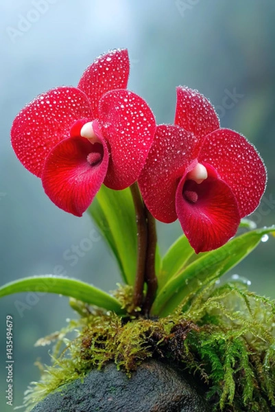 Fototapeta Exotic red Phragmipedium kovachii orchids with dew drops bloom on a mossy stone against a blurred natural background, showcasing the rare beauty of tropical flowers