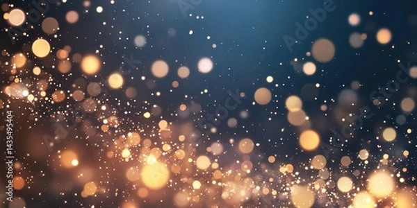 Fototapeta Enchanting bokeh background with blurred golden and white lights on a dark blue gradient background, creating a festive, fairytale, and elegant atmosphere