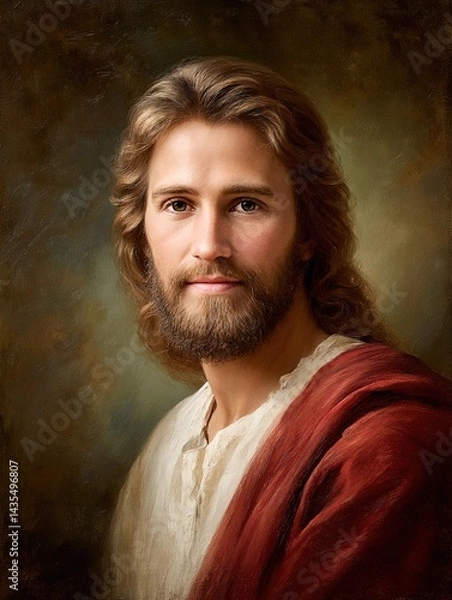Fototapeta Portrait of Jesus Christ with a gentle gaze, long brown hair, and a beard, wearing a white tunic and a red cloak against a dark background, symbolizing his divinity, compassion, and sacrifice