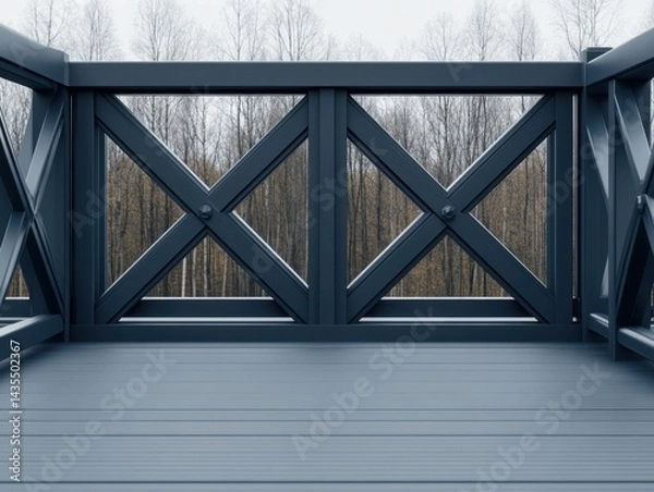 Fototapeta Dark gray composite deck with X-design railing overlooking a winter woodland