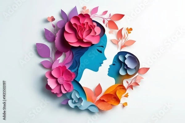 Fototapeta Colorful paper cutouts of a mother and child embracing.