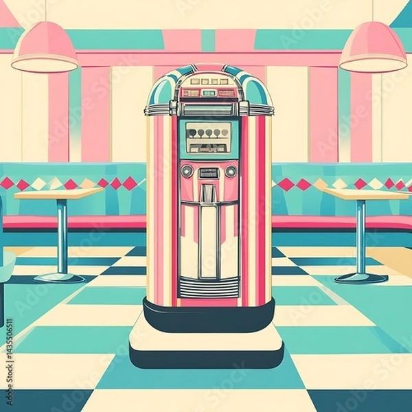 Fototapeta Pastel Retro Diner with Pink Jukebox and Checkered Floor