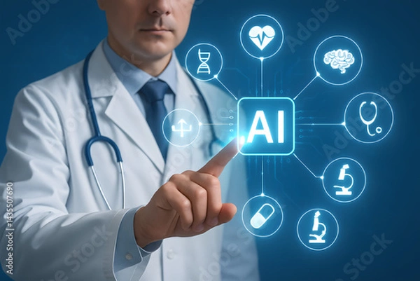 Fototapeta AI-assisted Healthcare: A doctor utilizes AI, showcasing cutting-edge technology's role in modern medicine and healthcare. 