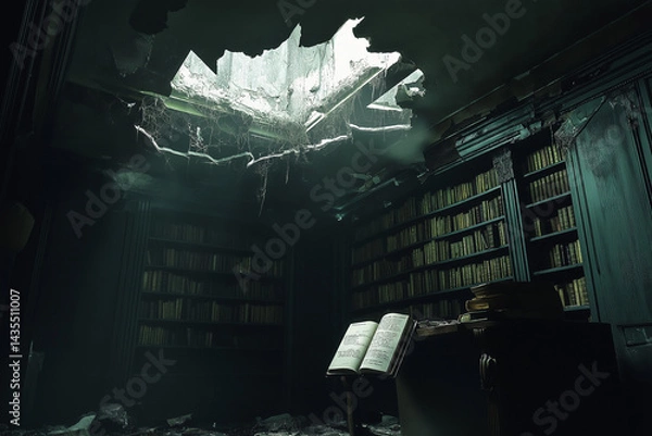 Obraz 崩壊した書斎、残された知の灯火