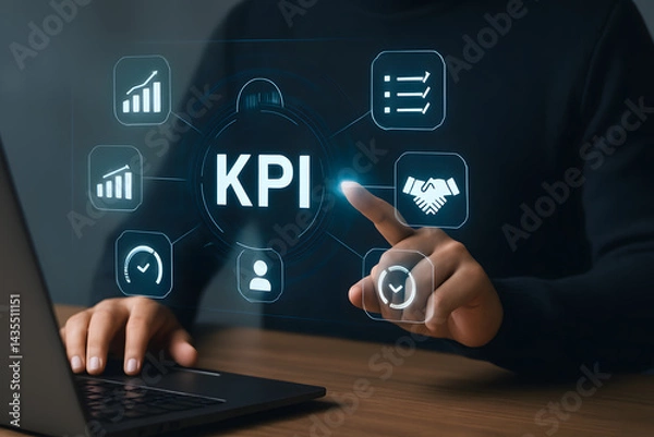 Fototapeta KPI Dashboard Analytics: A person interacts with a holographic KPI dashboard, showcasing key performance indicators and data analysis for business strategy.