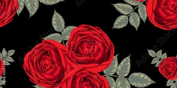 Fototapeta Elegant Red Rose Pattern on Black Background