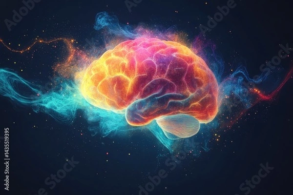 Fototapeta Brain surrounded by colorful electromagnetic field lines, concept of wireless interaction with copyspace. 