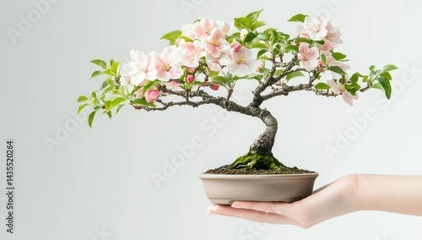 Obraz A hand holding a beautiful bonsai tree adorned with pink flowers.