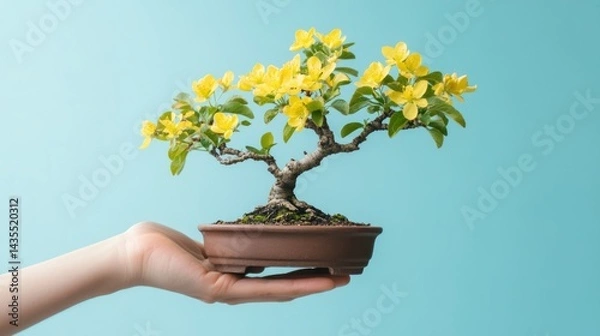 Obraz A hand holding a flowering bonsai tree against a light blue background.