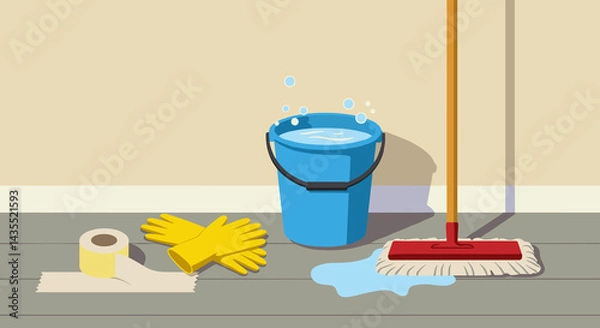 Obraz Cleaning supplies on the floor with a mop, bucket of soapy water, masking tape and gloves, for cleaning service and house chore concept use.