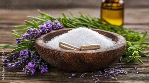 Obraz White Powder and Capsules with Lavender and Rosemary on Rustic Wooden Background