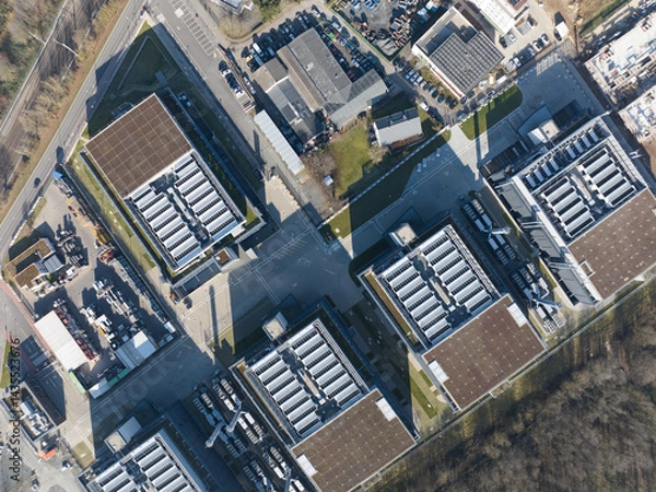 Obraz aerial photos of large scale data center, computing center, Germany. Iot, Big data, IT, information technology, digital infrastructure, AI, Artificial intelligience