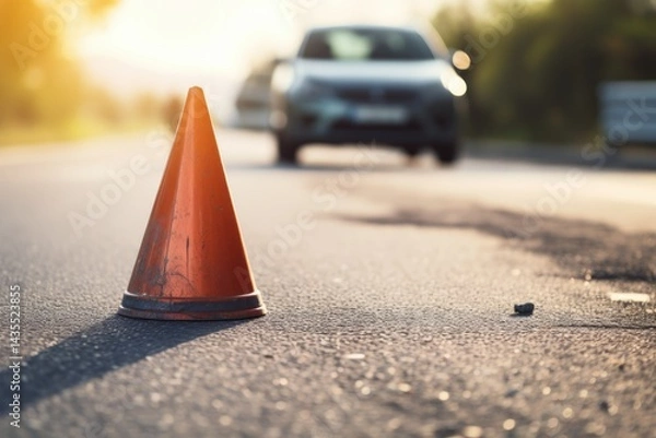 Fototapeta An orange traffic cone sits on the asphalt road, with a blurred car in the background, suggesting a minor accident or road work.