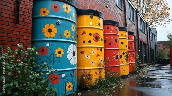 Fototapeta Colorful decorated barrels lined along a brick wall in an urban setting with autumn foliage