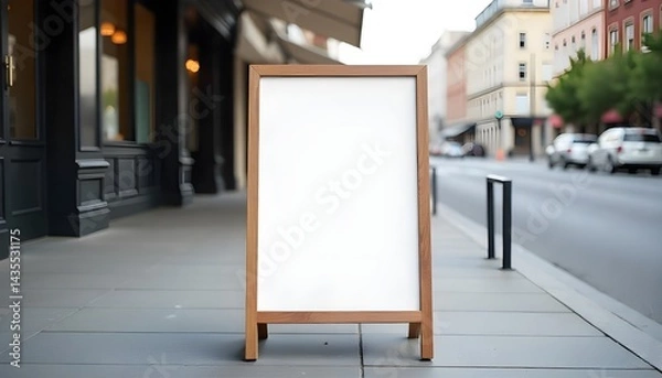 Obraz Front view mockup of blank standing restaurant menu board on sidewalk, urban background, daylight scene