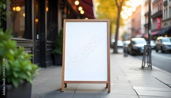 Fototapeta Front view mockup of blank standing restaurant menu board on sidewalk, urban background, daylight scene