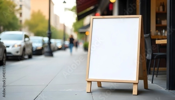 Obraz Front view mockup of blank standing restaurant menu board on sidewalk, urban background, daylight scene
