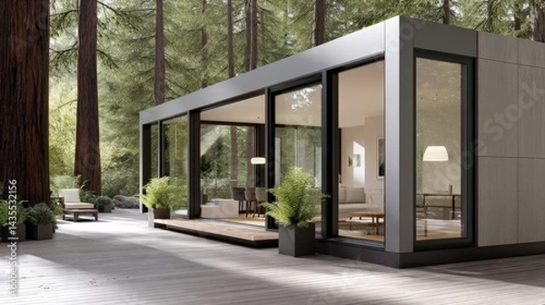 Fototapeta Modern Gray Minimalist House in a Forest Setting
