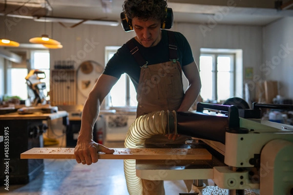 Fototapeta Focused carpenter operating band saw machine, wearing earmuffs for safety in workshop. Woodwork preparation, client delivery, furniture handmade, power tools, skilled craftsmanship in carpentry studio