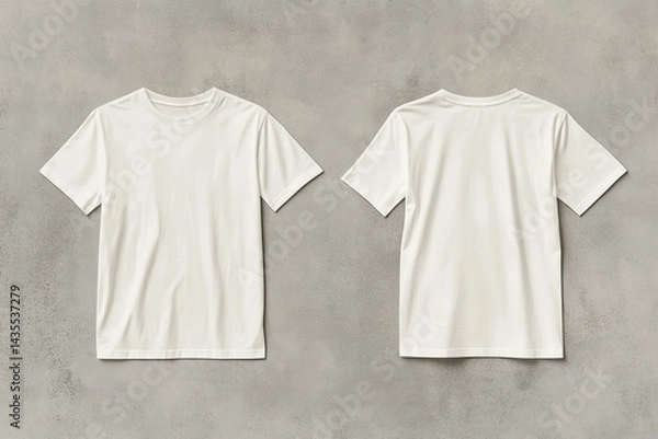 Fototapeta Two blank, cream-colored t-shirts, front and back views, laid flat on a light-gray concrete background  Simple, classic design