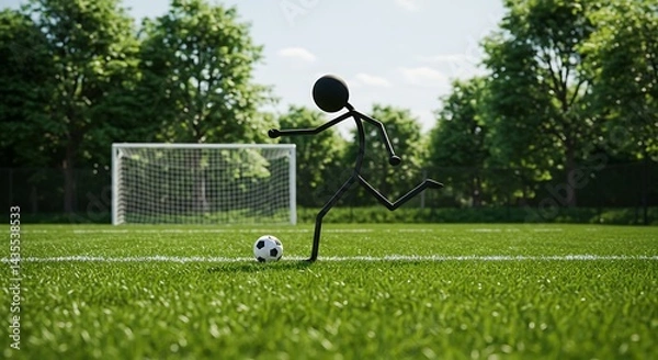 Obraz Stick Figure Soccer: A Minimalist Goal Kick in a Sunny Park