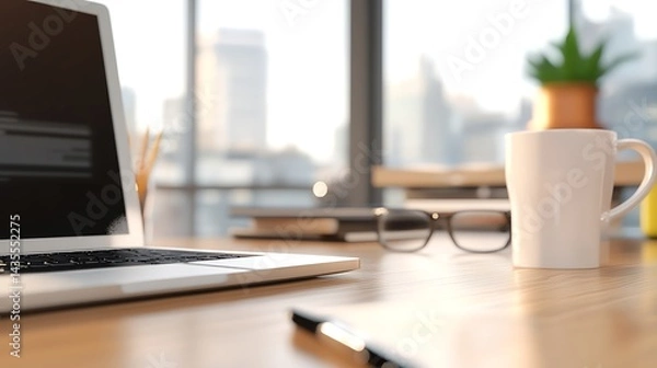 Obraz Modern Workspace Laptop, Coffee Mug and City View
