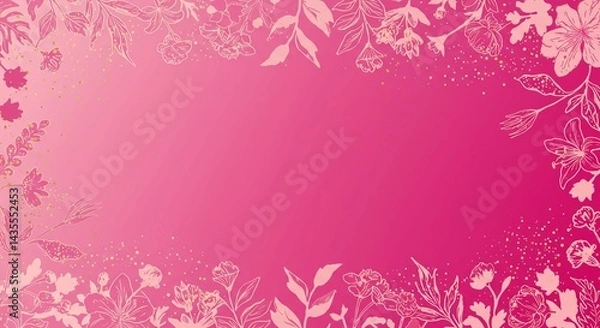 Fototapeta Elegant Pink Floral Border Background with Gold Sparkle Perfect for Invitations and Cards