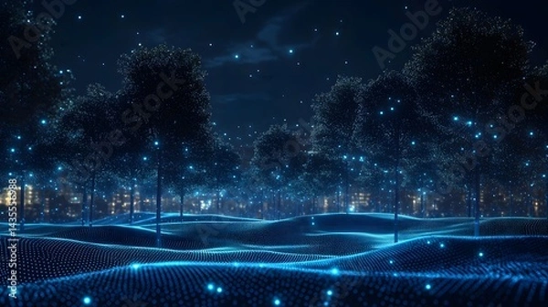 Fototapeta Night landscape with glowing blue dotted terrain, trees, and a faint city skyline. Evokes a digital, simulated, or futuristic feel. Abstract wireframe in dark blue.
