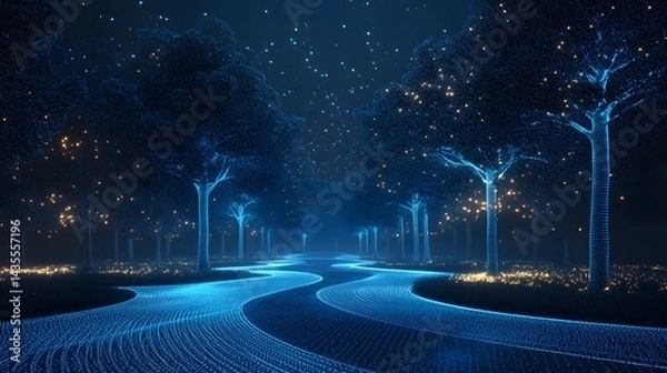 Fototapeta A futuristic landscape glows at night, featuring a winding path of blue dots guiding through dotted trees adorned with warm lights under a starry, digital sky. Abstract wireframe in dark blue
