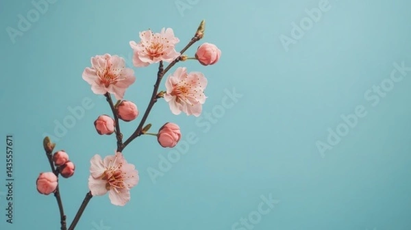 Obraz Delicate pink blossoms on a branch against a teal backdrop