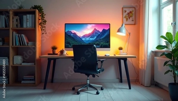 Fototapeta Empty chair at desk facing computer screen, bright room, distance, computer