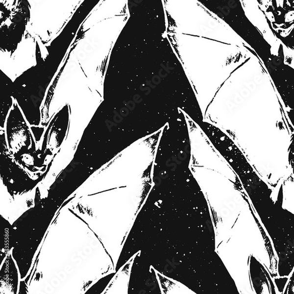 Fototapeta Repeated pattern. Seamless texture. Flying bat. Little vampire. Gothic illustration. Halloween style. Drawn bat. Can be used like wallpaper, wrapping, background, or your design.