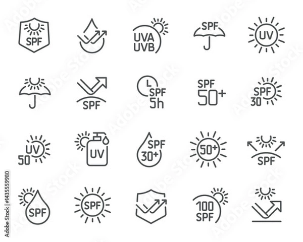 Fototapeta Vector Icon Set for Sun Protection with SPF, UVA, and UVB Levels
Contains icons for different UV protection levels, SPF values, and sun-related elements. Icons ready for use.