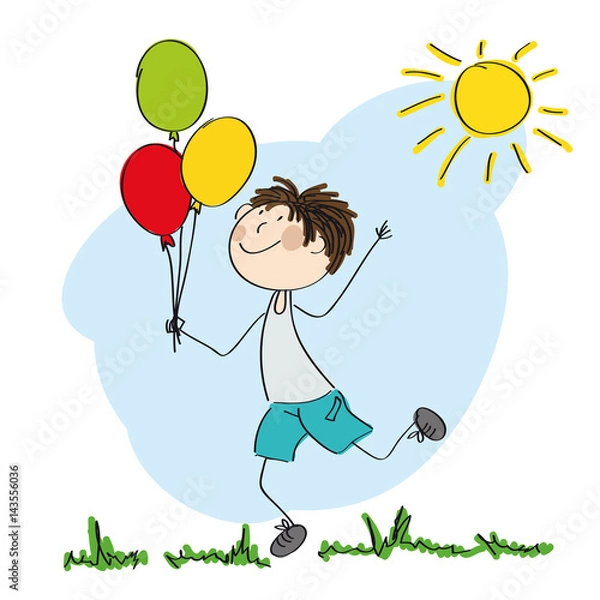 Obraz Happy boy running and holding colorful balloons in his hand  - original hand drawn illustration