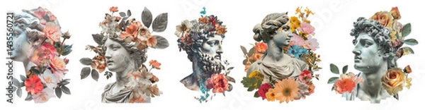 Fototapeta PNG Classical busts adorned flowers, element set on transparent background