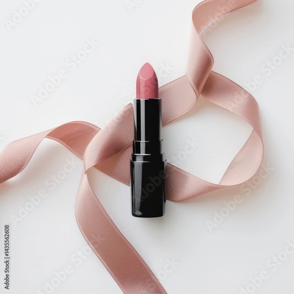 Obraz Elegant, delicate lipstick presentation on a silk ribbon.