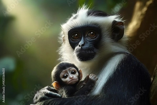 Fototapeta A mother and baby monkey sit together in a close embrace with a soft focused green background behind them