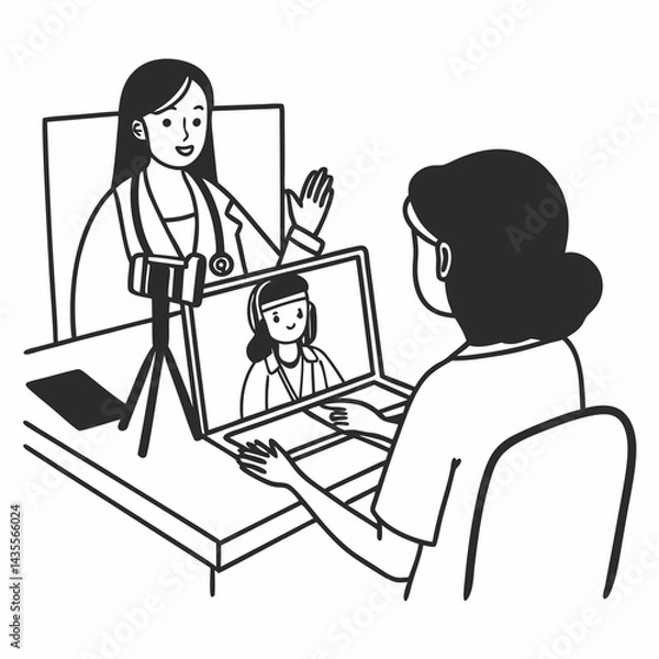 Fototapeta Hispanic latin female doctor make online video call consult patient on laptop. Medical assistant young woman therapist videoconferencing to web camera. Telemedicine concept. Online doctor appointment