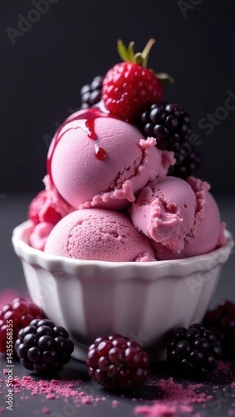 Fototapeta Pink berry ice cream scoops adorned with fresh blackberries and raspberries in a white bowl against a dark background create a delectable dessert presentation