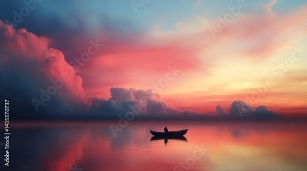 Obraz A peaceful moment captured in a glowing sky, filled with soft floating clouds reflecting the sun's warmth,