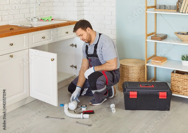 Fototapeta Professional male plumber in uniform with toolbox sitting near sink replacing the water filter or fixing broken pipe in modern kitchen. Repair service and plumbing maintenance concept.