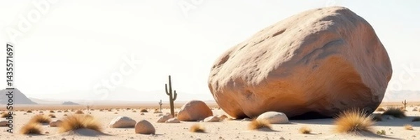 Fototapeta Massive desert boulder, sparse cacti, white backdrop, cactus, isolated object, Nevada